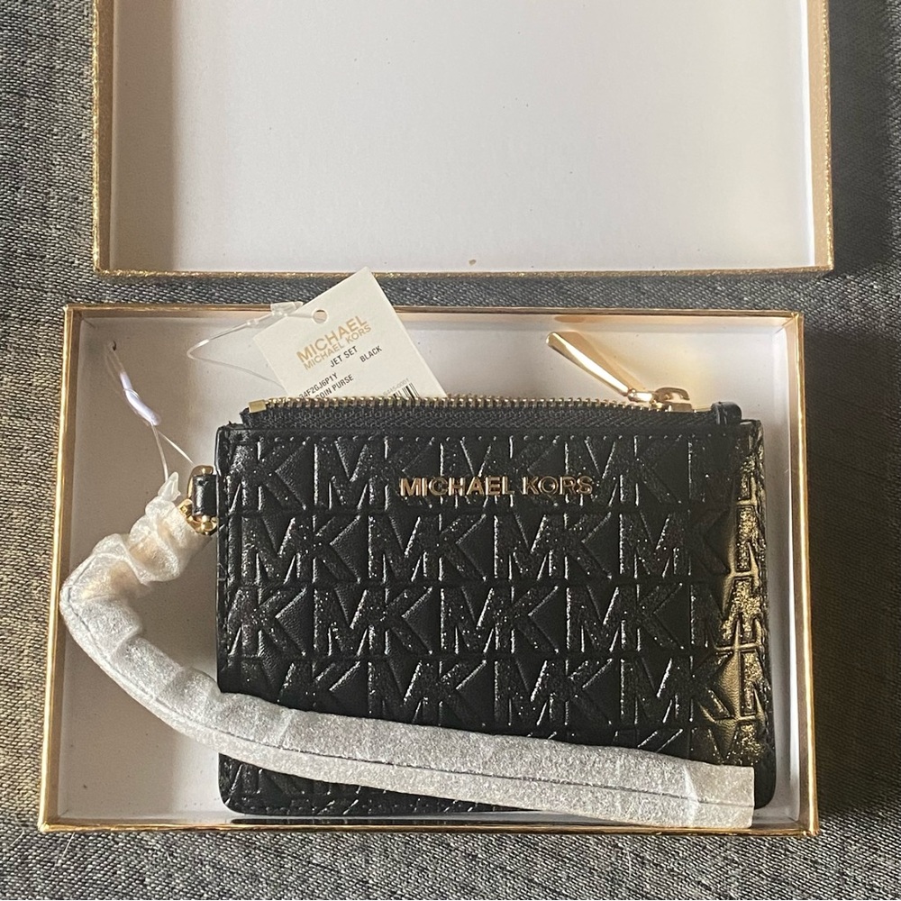 NWT Michael Kors Black Glitter Wristlet Coin Purse